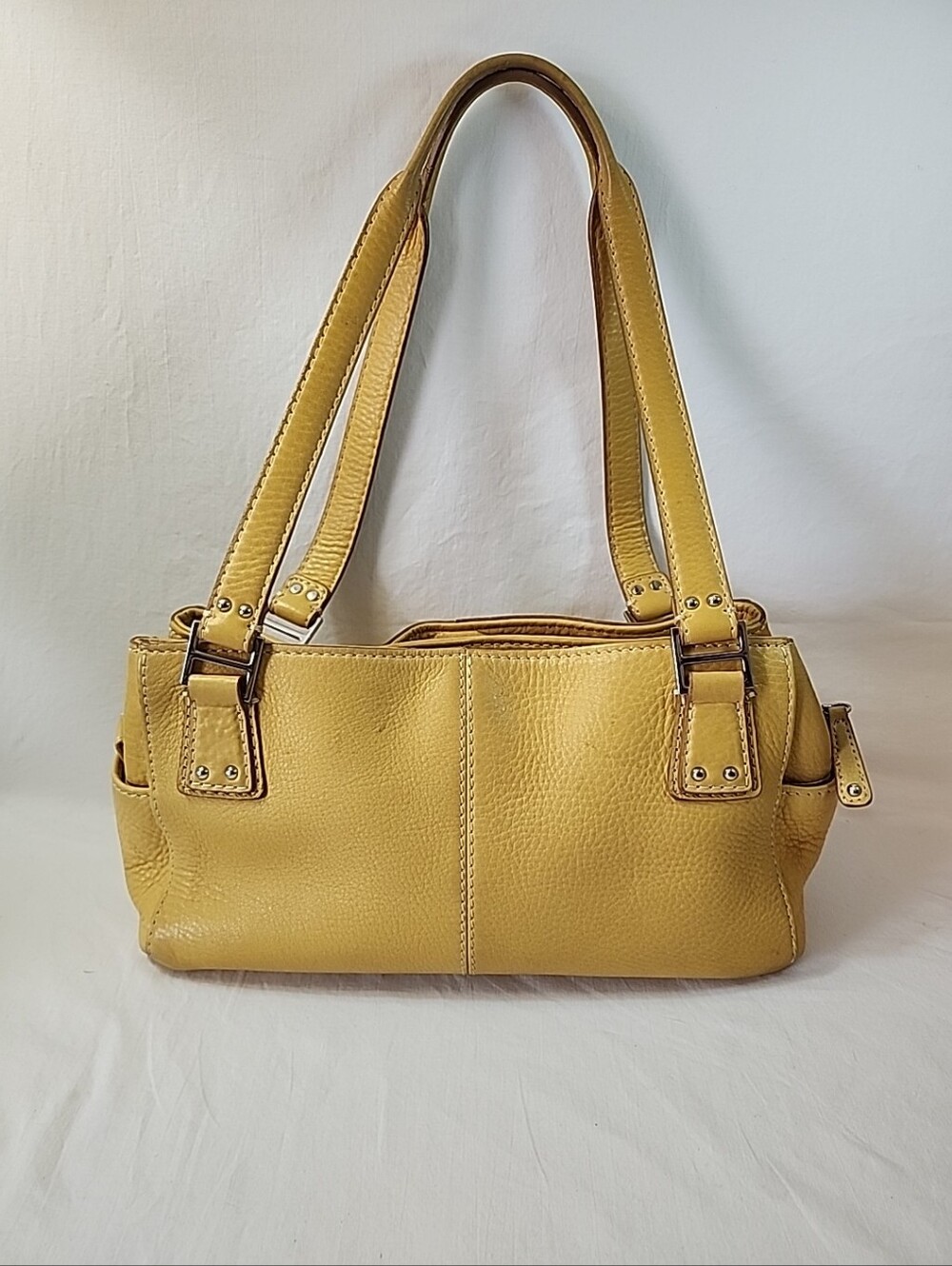 Vtg Y2k Fossil Mustard Yellow Pebbled Leather Shoulder Bag Purse w silver key - Picture 7 of 15